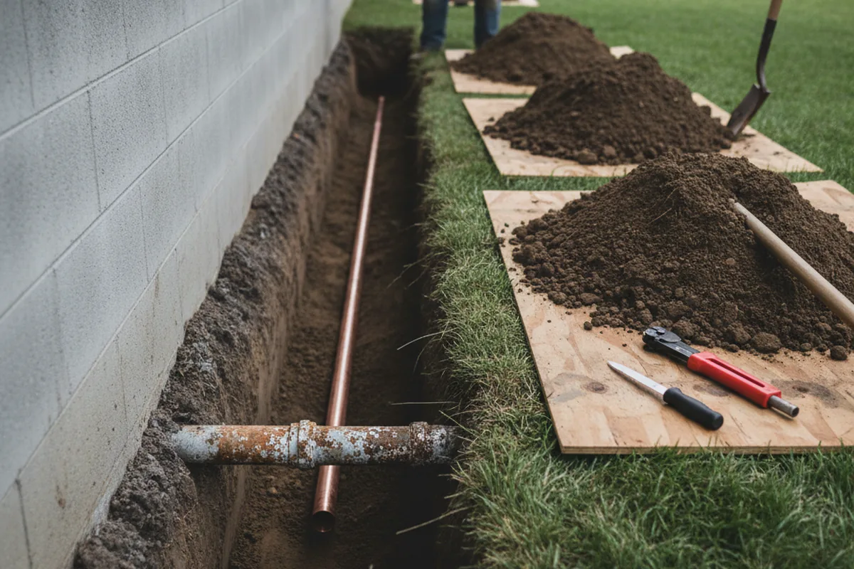 Excavated water line trench during Water Heater Repair in Meigs